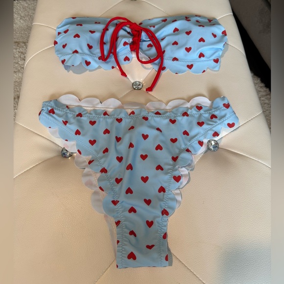 New Bandeau Padded Top Bikini Blue and Red Heart Pattern Size Medium NWT - Picture 5 of 12
